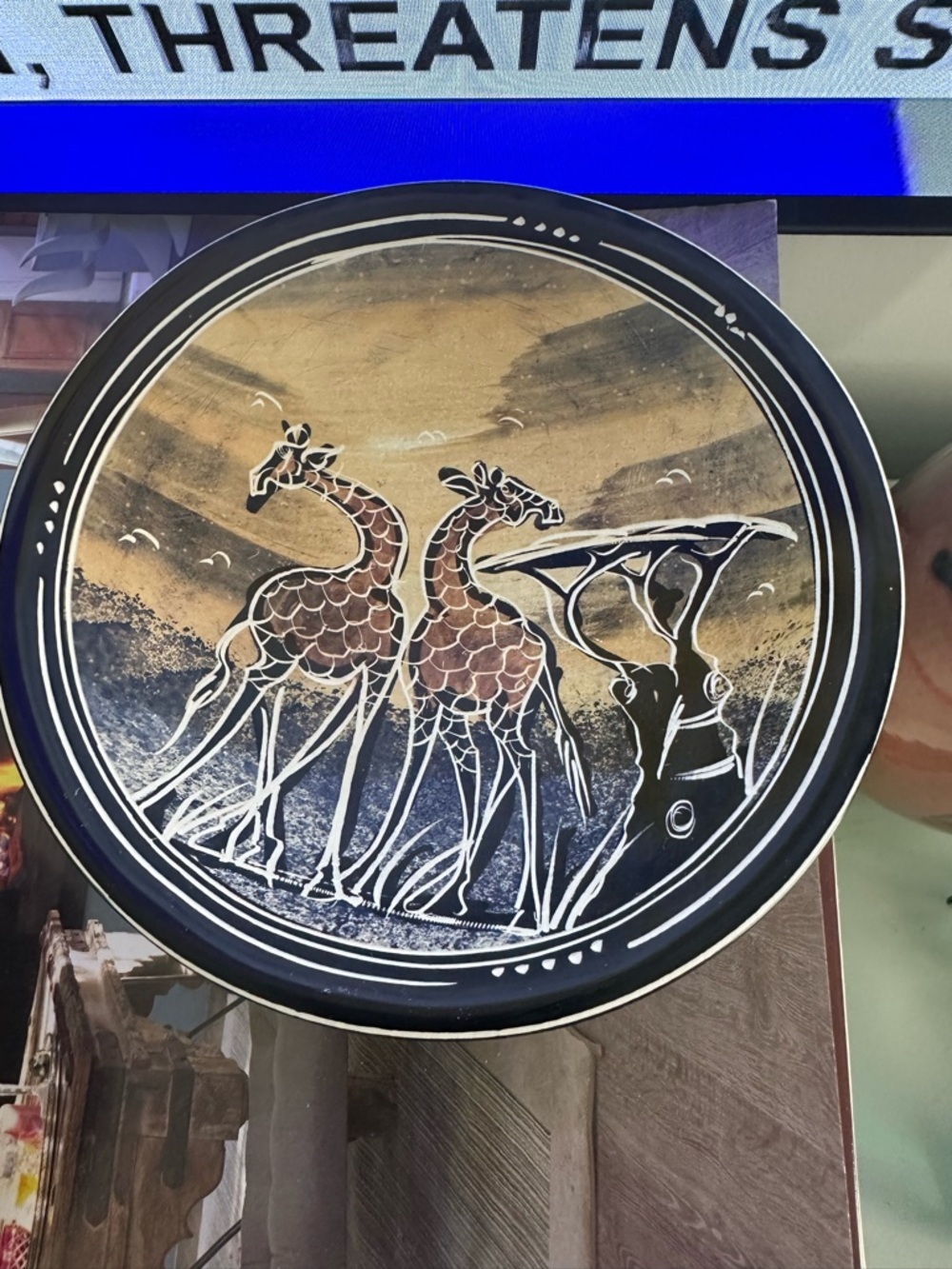 Handcrafted Giraffe Soapstone Saucer/Bowl in Black and Brown 6 inches diameter
